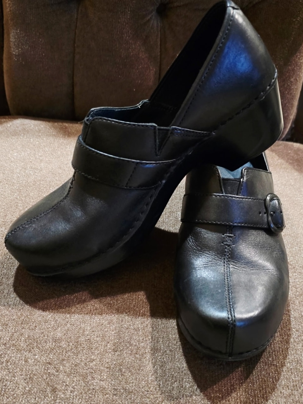 Dansko Black Leather Clogs with Decorative Side Buckle